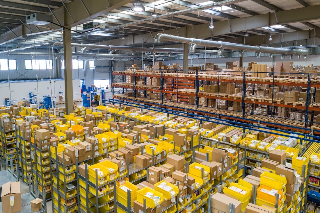 Palletised goods stacked in a distribution warehouse